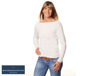 Weißer, maßgefertigter Merinopullover mit U-Boot-Ausschnitt